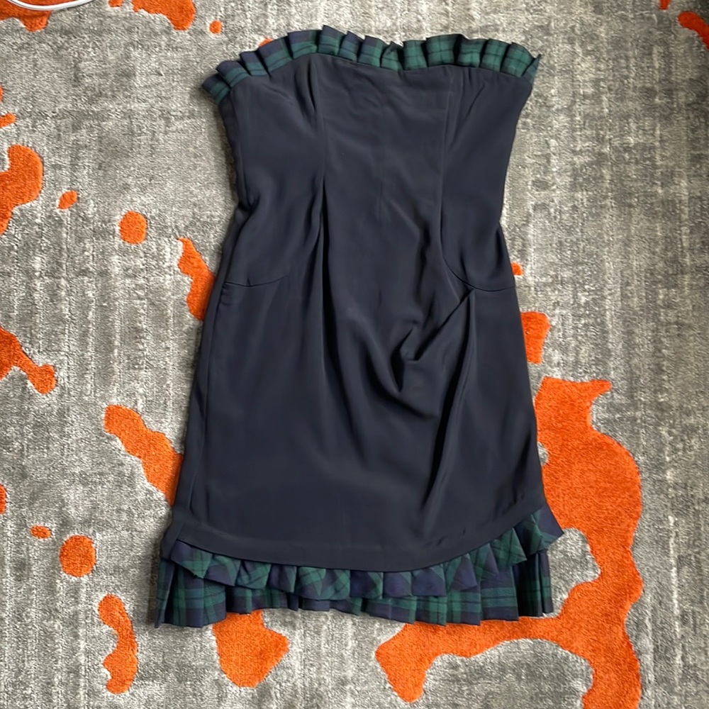 Black strapless with black watch plaid pleated trim cocktail or dance dress
